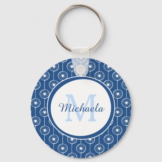 Stijlvol blauw en wit monogram met naam sleutelhanger (Voorkant)