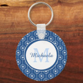 Stijlvol blauw en wit monogram met naam sleutelhanger (Voorkant)