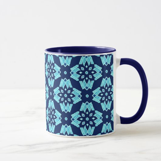 Stijlvol blauw geometrisch bloemenpatroon mok (Rechts)