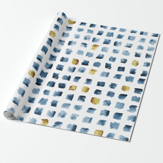 Stijlvol Blauw Gold Waterverf Penseel Squares Patr Cadeaupapier (Uitgerold)