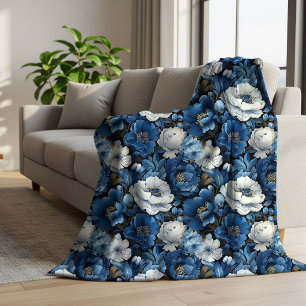 Stijlvol Blauw Ivoren Bloemmotief Pluche Zachte Fl Sherpa Deken