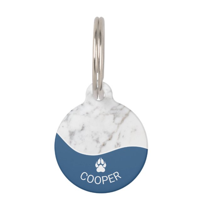 Stijlvol blauw met faux marble texture & Paw Print Huisdierpenning (Voorkant)