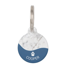 Stijlvol Blauw Met Nepmarmertextuur & Pootafdruk Huisdierpenning
