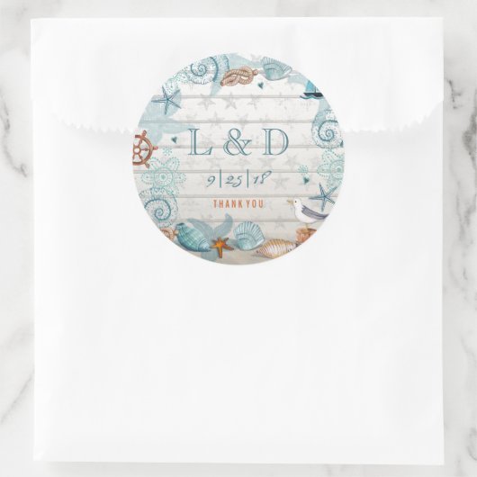 Stijlvol blauw Nautical Beach Wedding Ronde Sticker (Tas)