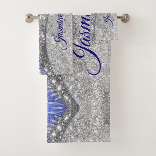 stijlvol blauw paars zilverglitter monogram bad handdoek (Insitu)