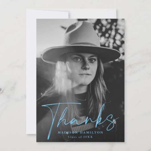 Stijlvol blauw script Afstuderen foto's Bedankkaart (Voorkant)
