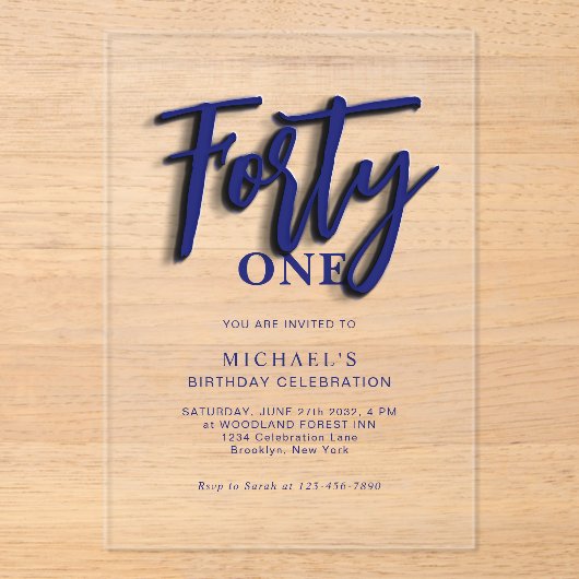 Stijlvol Blauw Script Veertig 40e Volwassene Verja Acryl Uitnodigingen (Voorkant)
