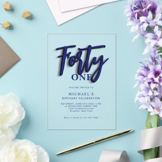 Stijlvol Blauw Script Veertig 40e Volwassene Verja Acryl Uitnodigingen (Insitu (Huwelijk))