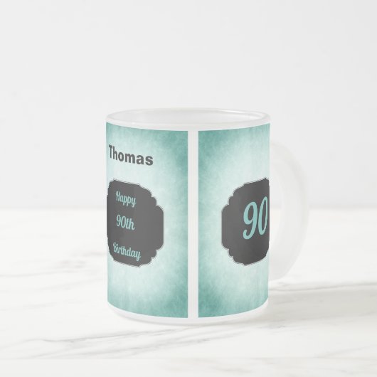 Stijlvol blauw voeg 90th Birthday design toe Matglas Koffiemok (Voorkant rechts)