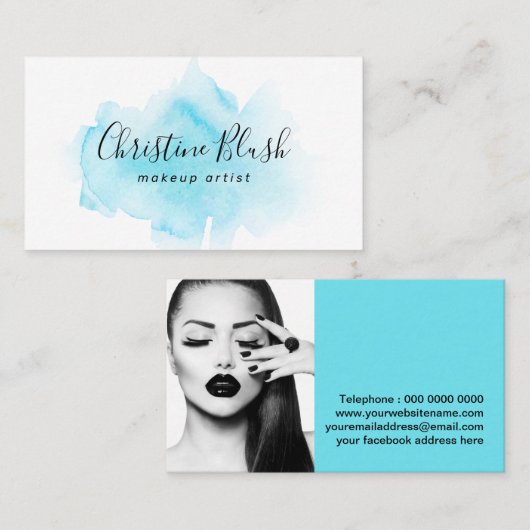 Stijlvol blauw Waterverf Splash MUA Visitekaartje (Voorkant / Achterkant)
