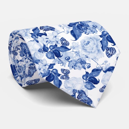 Stijlvol blauw wit botanisch bloemmotief stropdas (Opgerold)