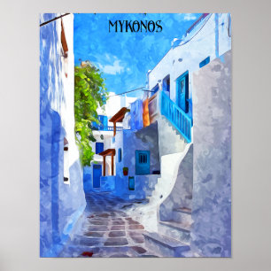 Stijlvol blauw wit mykonos Griekenland schilderij Poster