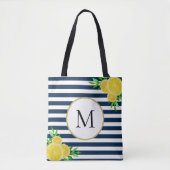 Stijlvol Blauw Wit Strepen Zomer Citroen Monogram Tote Bag (Voorkant)