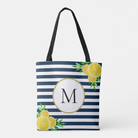 Stijlvol Blauw Wit Strepen Zomer Citroen Monogram Tote Bag (Achterkant)