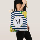Stijlvol Blauw Wit Strepen Zomer Citroen Monogram Tote Bag (Dichtbij)