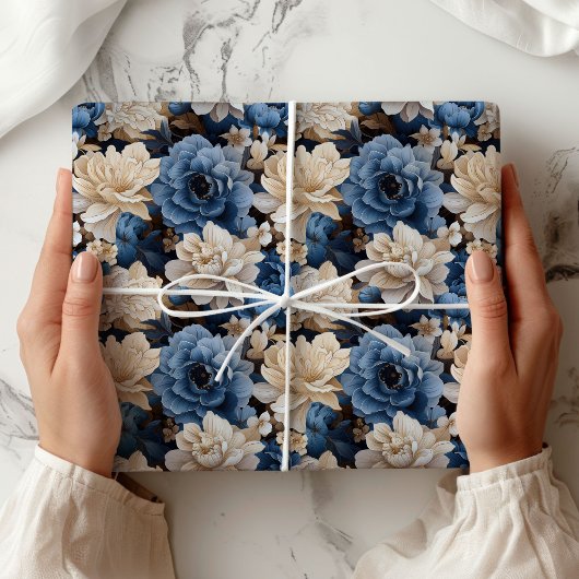 Stijlvol Blauw Witte Bloem Ivory Cadeaupapier
