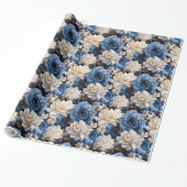 Stijlvol Blauw Witte Bloem Ivory Cadeaupapier (Uitgerold)