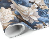 Stijlvol Blauw Witte Bloem Ivory Cadeaupapier (Rol Hoek)