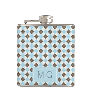 Stijlvol blauwe en bruine argylepatroon monogram heupfles