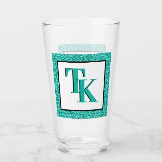 Stijlvol Blauwgroen blauw Glitter Glam Monogram In Glas (Achterkant)