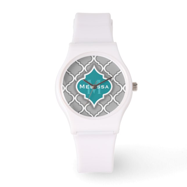 Stijlvol Blauwgroen en grijs Marokkaans Tile Patro Horloge (Voorkant)