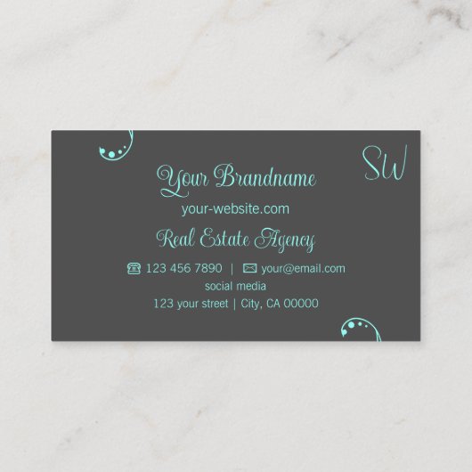 Stijlvol Blauwgroen en grijs modern  met monogram Visitekaartje (Achterkant)