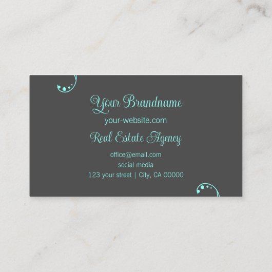 Stijlvol Blauwgroen en grijs ornamental vierkant  Visitekaartje (Achterkant)