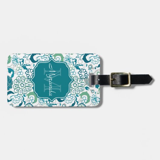 Stijlvol Blauwgroen Floral Patroon met Monogram en Bagagelabel (Voorkant horizontaal)