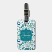 Stijlvol Blauwgroen Floral Patroon met Monogram en Bagagelabel (Voorkant verticaal)