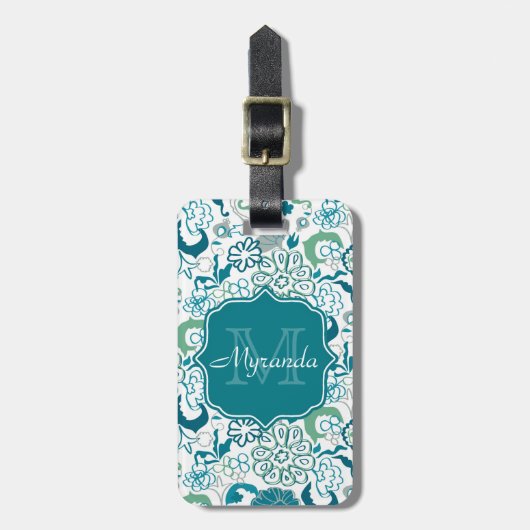 Stijlvol Blauwgroen Floral Patroon met Monogram en Bagagelabel (Voorkant verticaal)