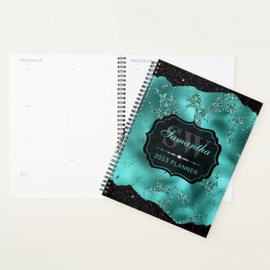 Stijlvol Blauwgroen Glitter Marble & Black Edges M Planner (Display)