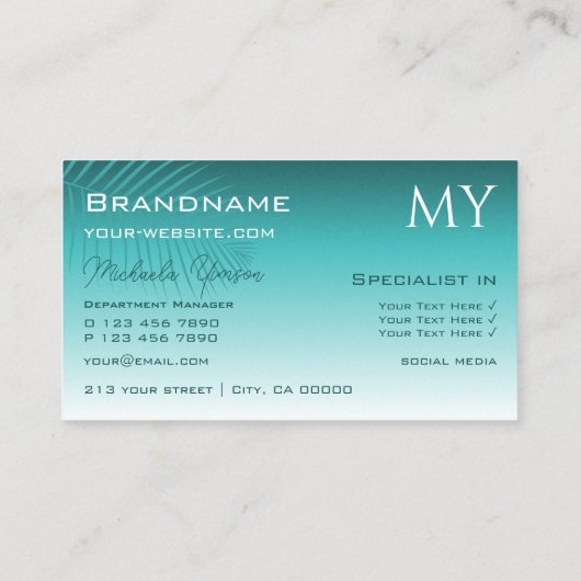 Stijlvol Blauwgroen Gradiënt Chic Palm Leaf met Mo Visitekaartje (Achterkant)