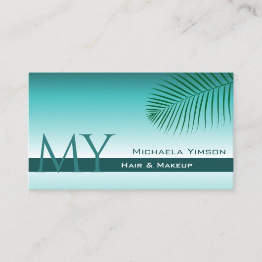 Stijlvol Blauwgroen Gradiënt Chic Palm Leaf met Mo Visitekaartje (Voorkant)