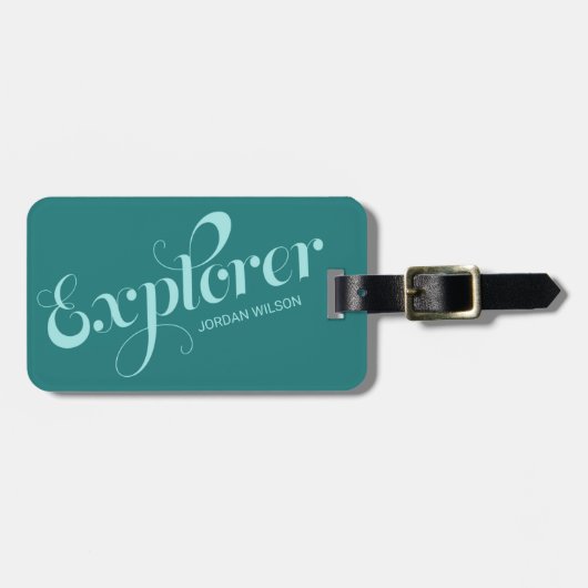 Stijlvol Blauwgroen Script Typography Explorer Bag Bagagelabel (Voorkant horizontaal)