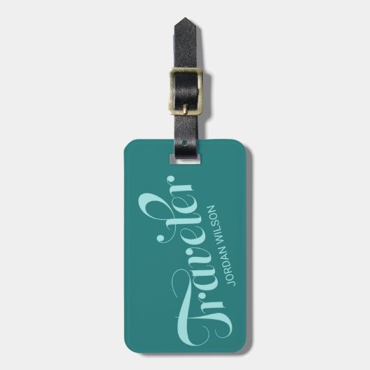 Stijlvol Blauwgroen Script Typography Traveler Bag Bagagelabel (Voorkant verticaal)
