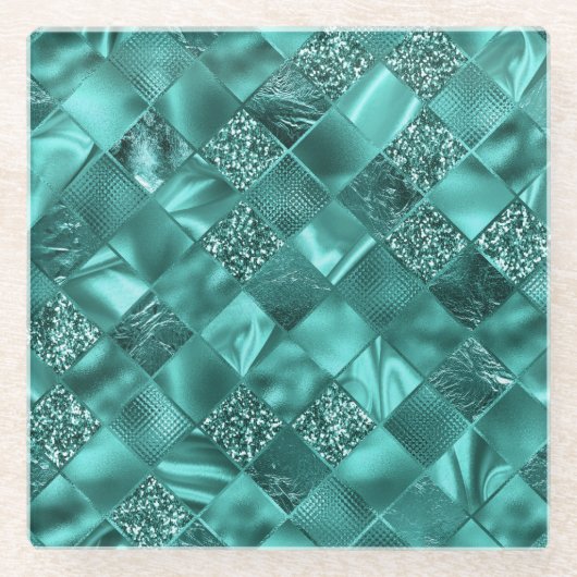 Stijlvol Blauwgroen Shimmer Glitter en Folie Diamo Glazen Onderzetter (Voorkant)