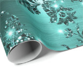 Stijlvol Blauwgroen Shimmer Glitter en Folie Flora Cadeaupapier (Rol Hoek)