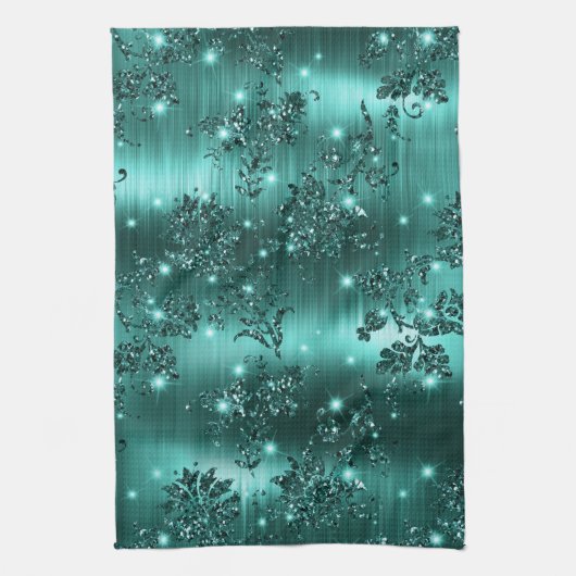 Stijlvol Blauwgroen Shimmer Glitter en Folie Flora Theedoek (Verticaal)