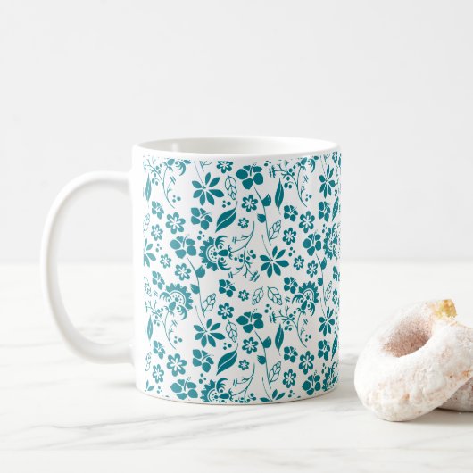 Stijlvol Blauwgroen Turquoise Blue Floral Pattern Koffiemok (Met donut)