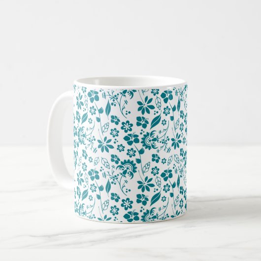 Stijlvol Blauwgroen Turquoise Blue Floral Pattern Koffiemok (Voorkant links)