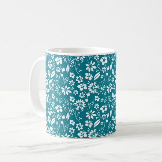 Stijlvol Blauwgroen Turquoise Blue Floral Pattern Koffiemok (Voorkant links)