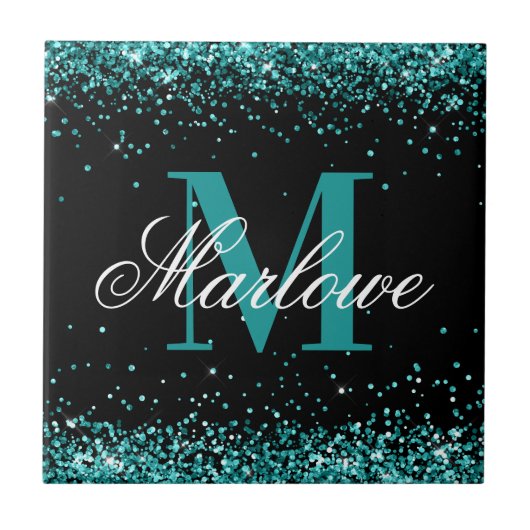 Stijlvol Blauwgroen zwart Glitter Monogram Tegeltje (Voorkant)