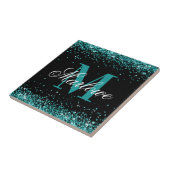 Stijlvol Blauwgroen zwart Glitter Monogram Tegeltje (Zijkant)