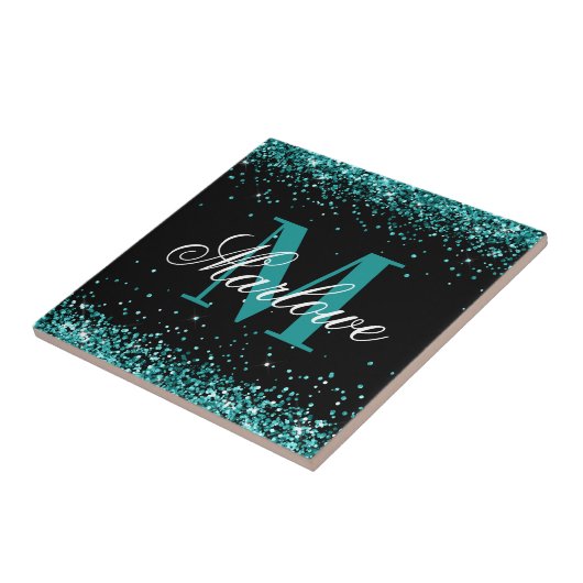 Stijlvol Blauwgroen zwart Glitter Monogram Tegeltje (Zijkant)