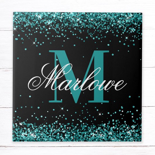 Stijlvol Blauwgroen zwart Glitter Monogram Tegeltje
