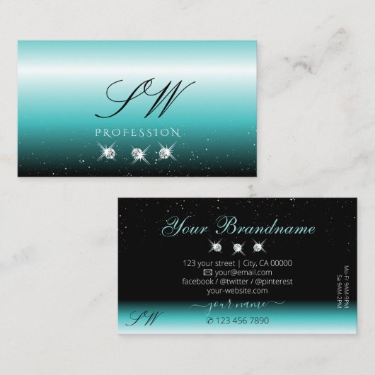 Stijlvol Blauwgroen zwart ombre Sparkle Diamonds M Visitekaartje (Voorkant / Achterkant)
