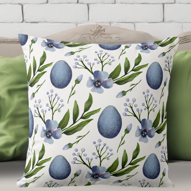 Stijlvol bloemenblauw, groen en wit kussen (Stylish Farmhouse Blue, Green and White Floral Throw Pillow)