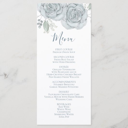 Stijlvol bloemig stoffig blauwe roos elegant eenvo menu (Voorkant)