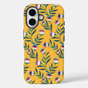 Stijlvol bloemmotief met stippen en groene bladere iPhone 16 hoesje