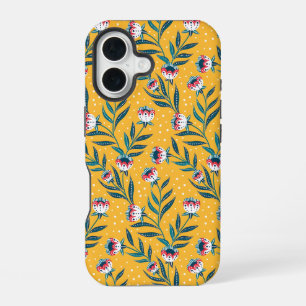 Stijlvol bloemmotief met stippen en groene bladere iPhone 16 hoesje